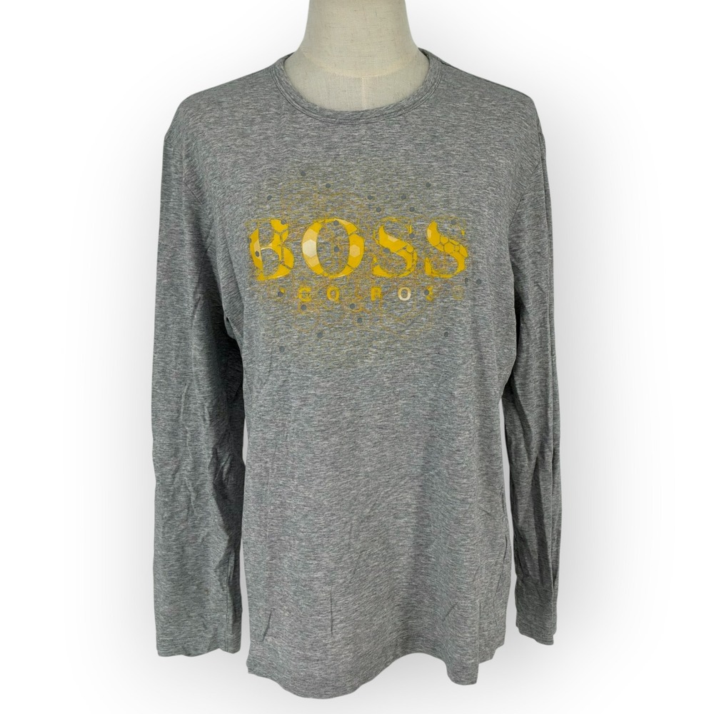 Hugo Boss Mens Grey Heather Long Sleeve Graphic Logo T-Shirt Size L Made in Peru